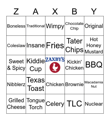Zaxby's Bingo Card