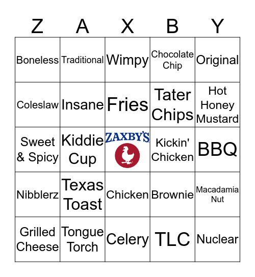 Zaxby's Bingo Card