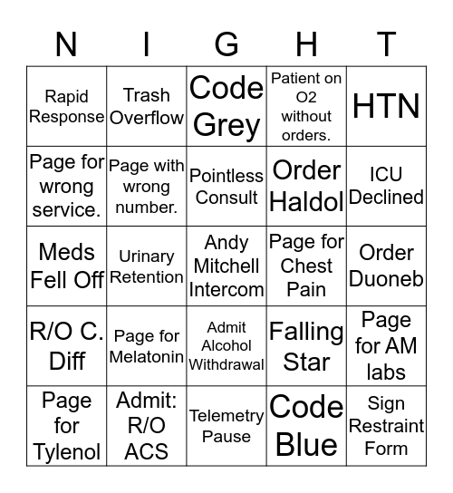Night Shift Bingo Card