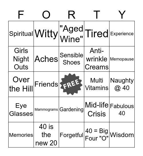 40th Birthday Bingo Card