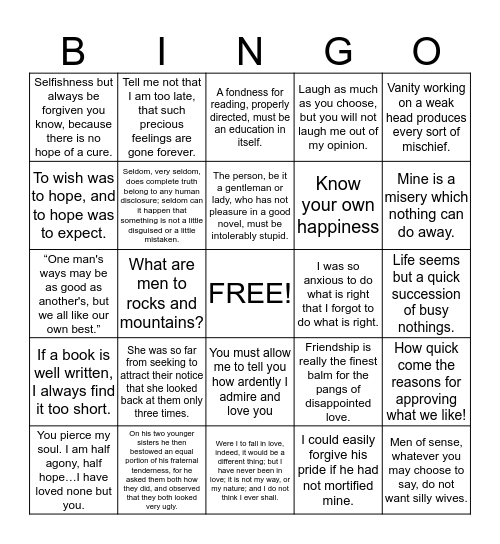 Jane Austen Quote Bingo Card