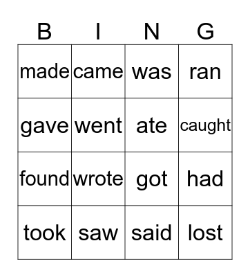 Irregular, Past Tense Verbs Bingo Card
