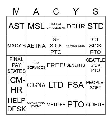 Macy's Bingo Card