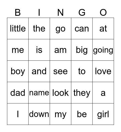 Sight Words Bingo Card