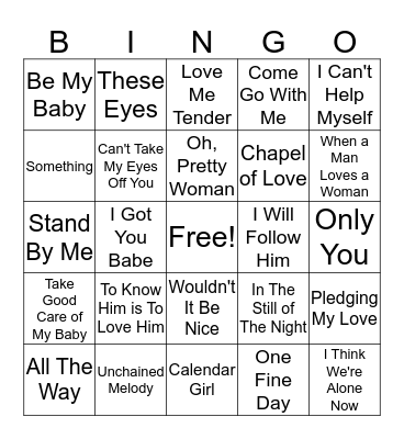 50's and 60's Love Songs Bingo Card