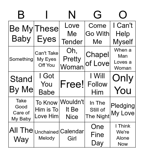 50's and 60's Love Songs Bingo Card