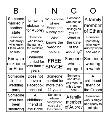 Ethan and Aubrey Wedding BINGO Card