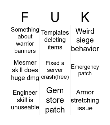 It's patch day Bingo Card