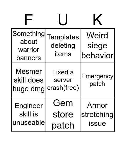 It's patch day Bingo Card