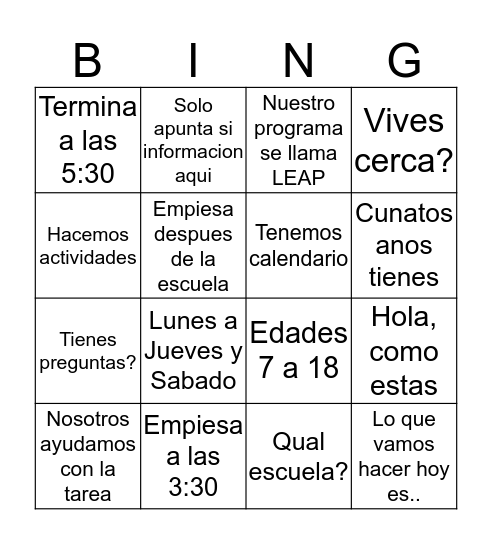 BINGO en Espanol Bingo Card