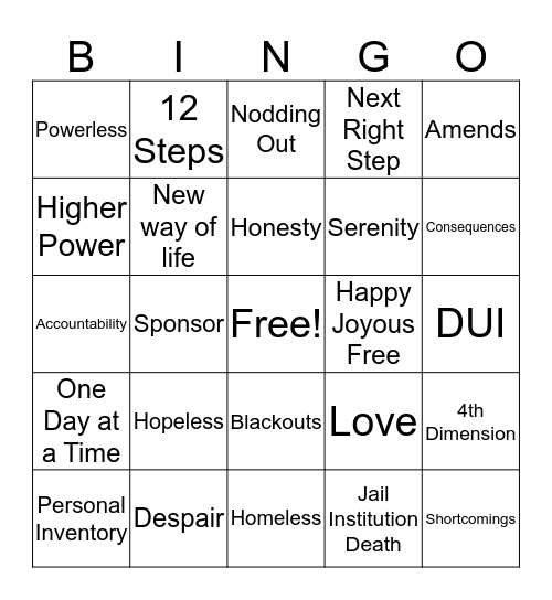 Recovery Bingo Card