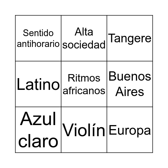 El tango Bingo Card