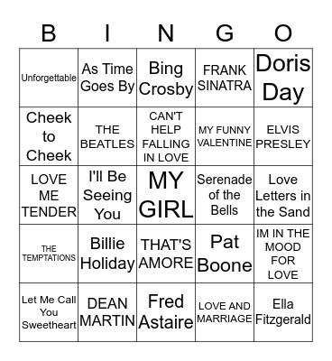 Songs for you Sweetheart Musical Bingo Card