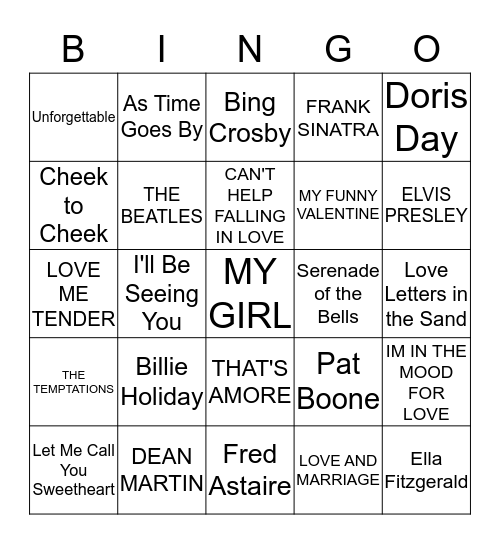 Songs for you Sweetheart Musical Bingo Card