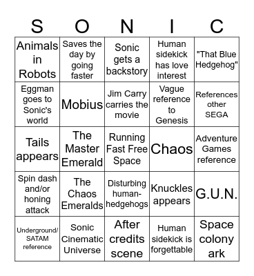 SONIC MOVIE BINGO  Bingo Card