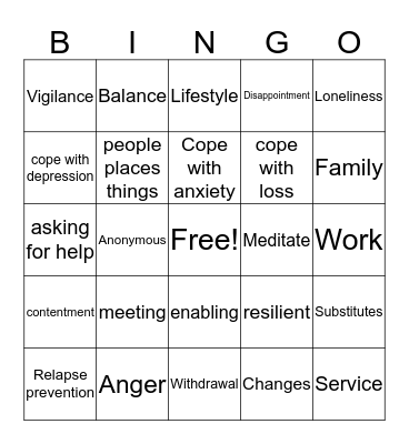 Recovery Bingo Card