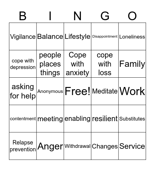 Recovery Bingo Card