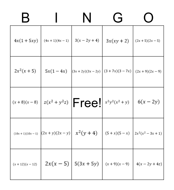 Factoring BINGO! Bingo Card