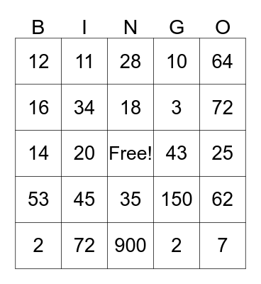 ALGEBRA BINGO Card