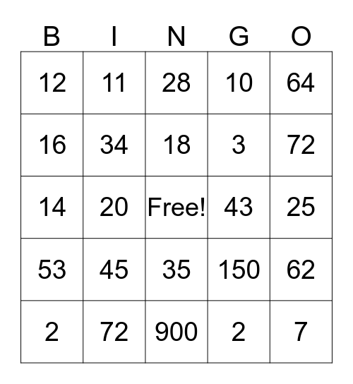 ALGEBRA BINGO Card