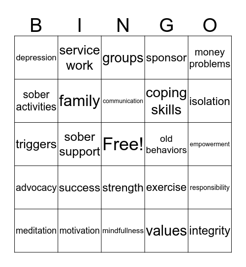 Sobriety Bingo Card