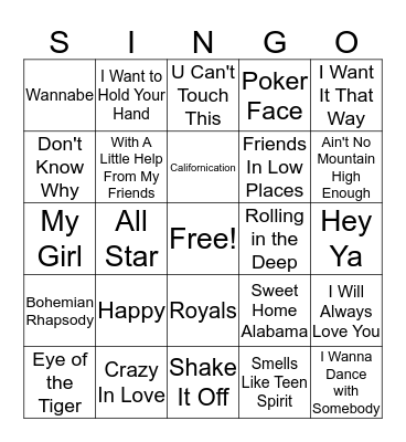 SINGO Bingo Card