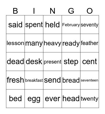 Spelling - e / ea Bingo Card