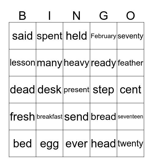 Spelling - e / ea Bingo Card