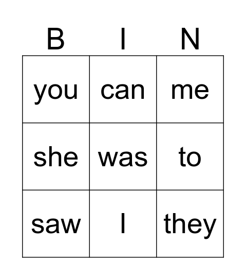 Sight Word Bingo Card