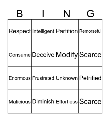 Synonym Bingo Card