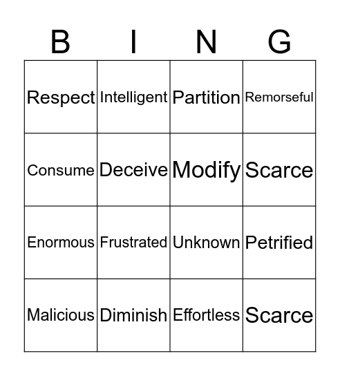 Synonym Bingo Card