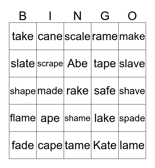 a-e Bingo Card