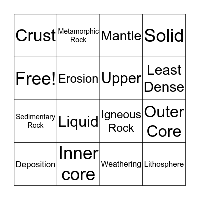 Earth Structures Bingo Card
