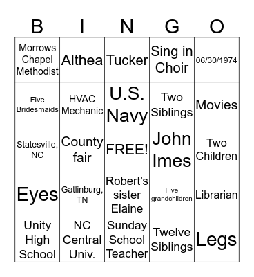 Robert & Linda's 40th Anniversary Bingo Card