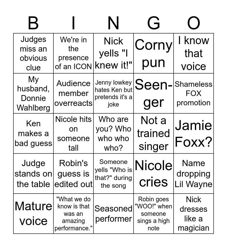 Masked Singer Bingo Card