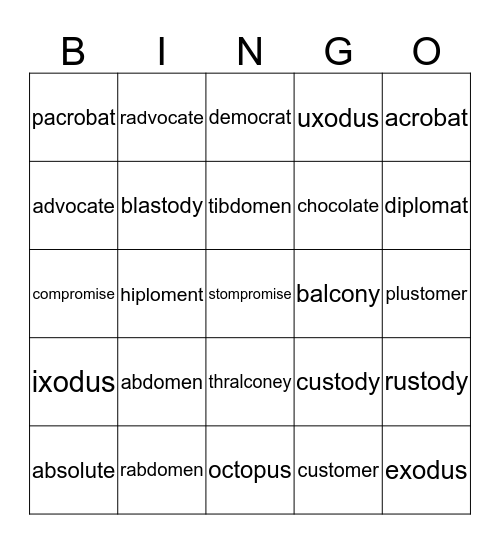 schwa o Bingo Card