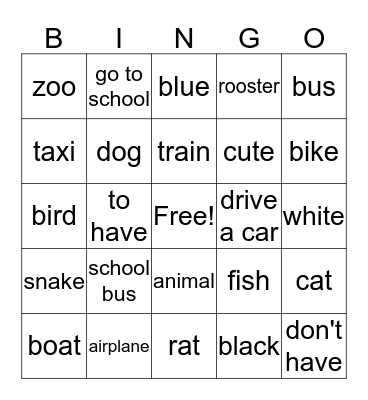 Transportations, color and animal review Bingo Card