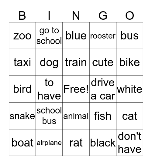 Transportations, color and animal review Bingo Card