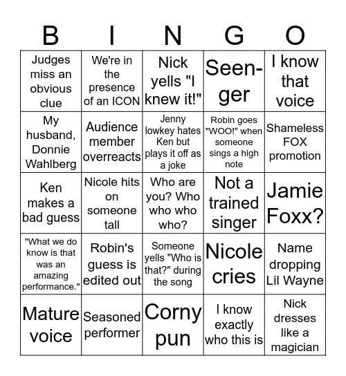 Masked Singer Bingo Card