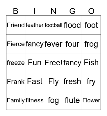 Letter "F" Bingo Card