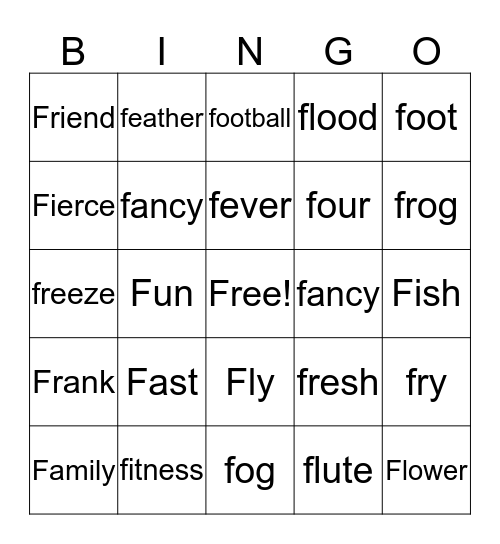 Letter "F" Bingo Card