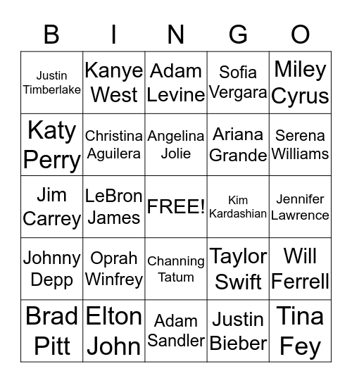 Celebrity Bingo Card