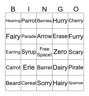 Medial /r/  Bingo Card