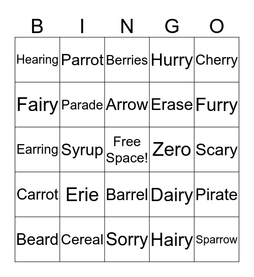 Medial /r/  Bingo Card
