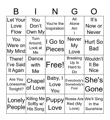 Love Songs Bingo Card