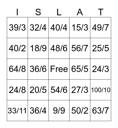 Division Bingo Card