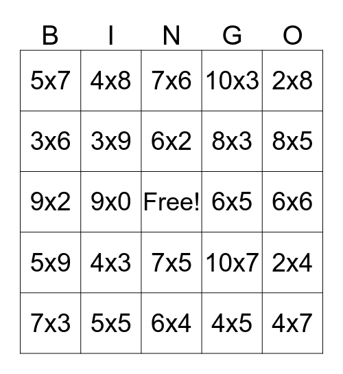 Multiplication Bingo Card