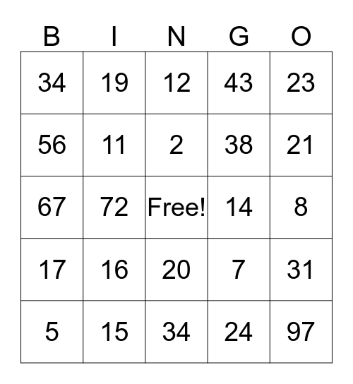 Number Bingo Card