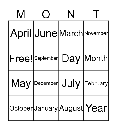 Months of the Year Bingo Card