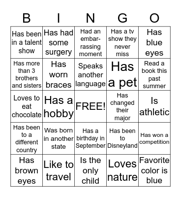 Classmate Bingo Card